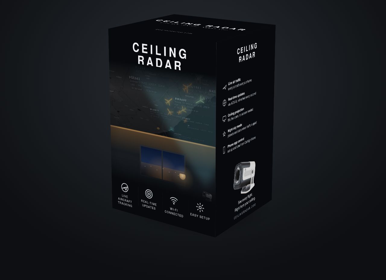 The Ceiling Radar retail carton: black carton with the wordmark and ceiling radar scene on the front and a feature list on the side.