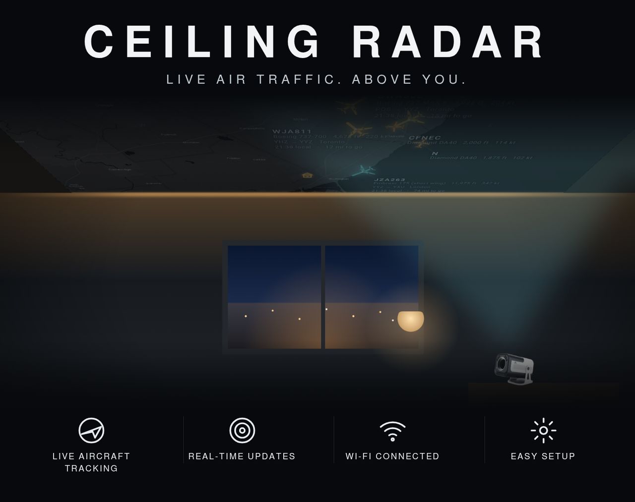 Flat artwork of the box front: CEILING RADAR, Live air traffic. Above you., over a room with the radar projected on the ceiling.