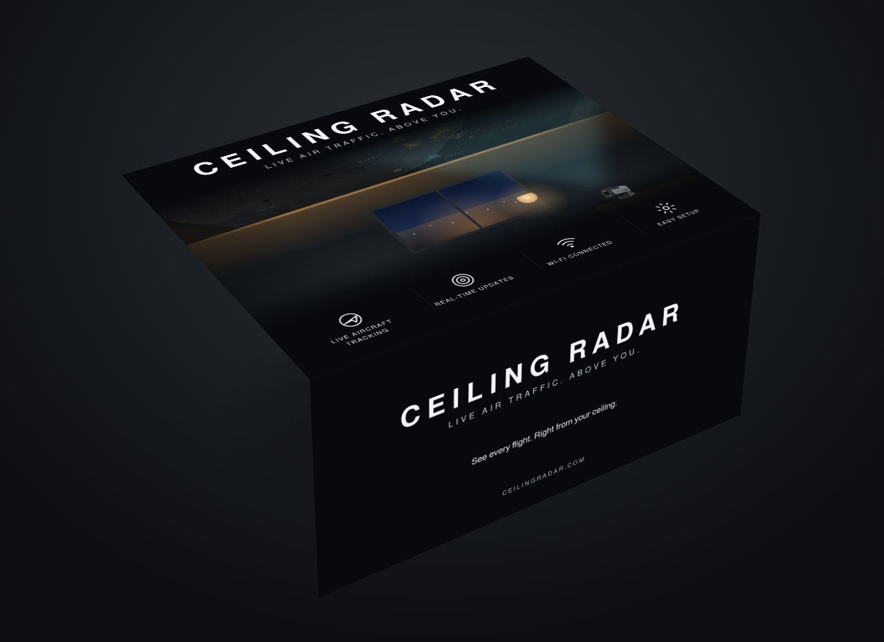 The Ceiling Radar magnetic gift box, closed: black box with the CEILING RADAR wordmark, the room scene on the lid and four feature icons.
