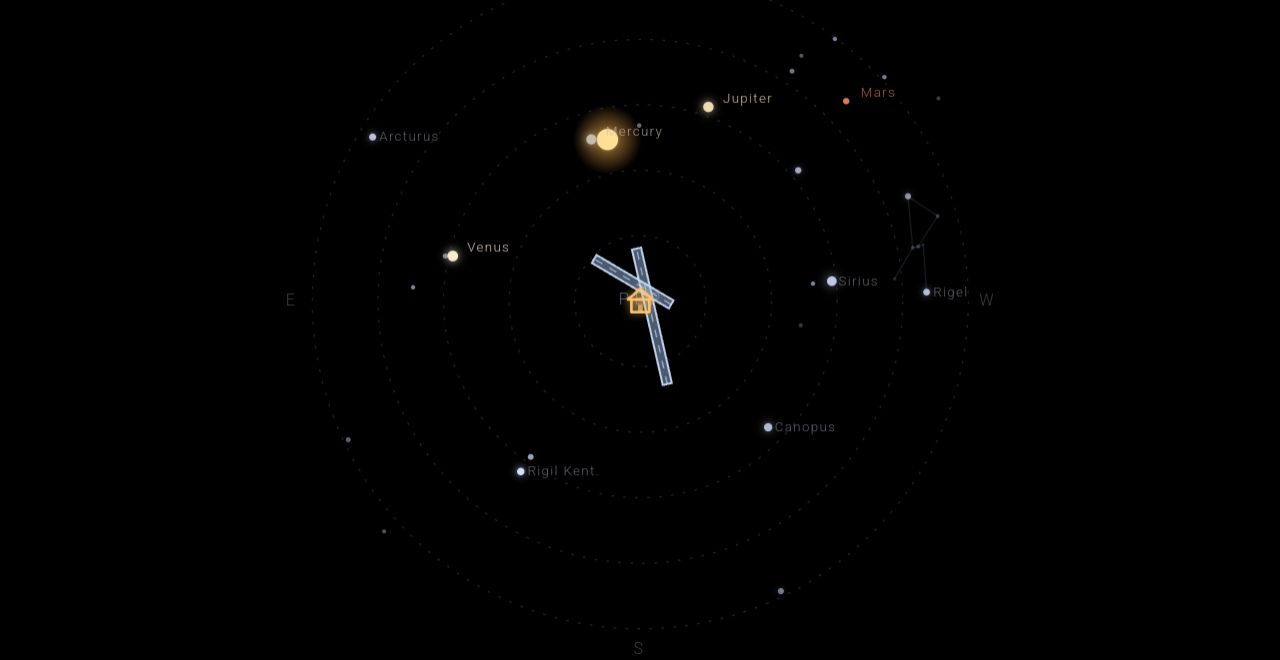 Night sky mode showing Jupiter, Mars, Venus, Sirius, Canopus and the Southern Cross around a home marker.